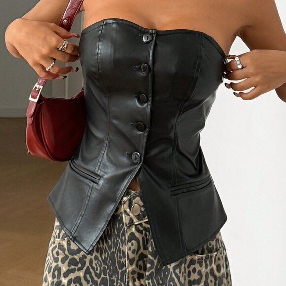 Women's Pu Cropped Tank Top With Single Button - Picture 1 of 5